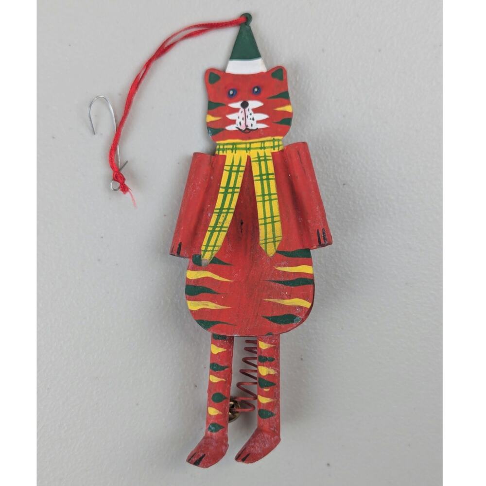 Whimsical Metal Cat Ornament Red Tiger Stripe Articulated Legs Spring Tail Vtg